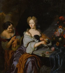 Portret van een Dame met haar hond en een dienstmeid